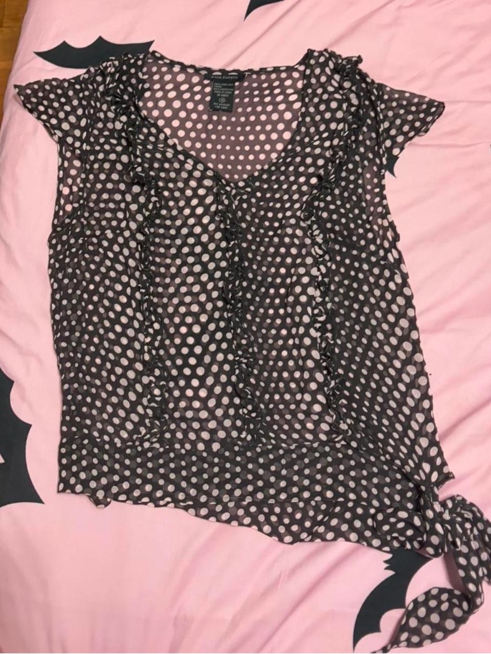 Anne Carson Pink Polka Dot Ruffle Tie-Hem Blouse